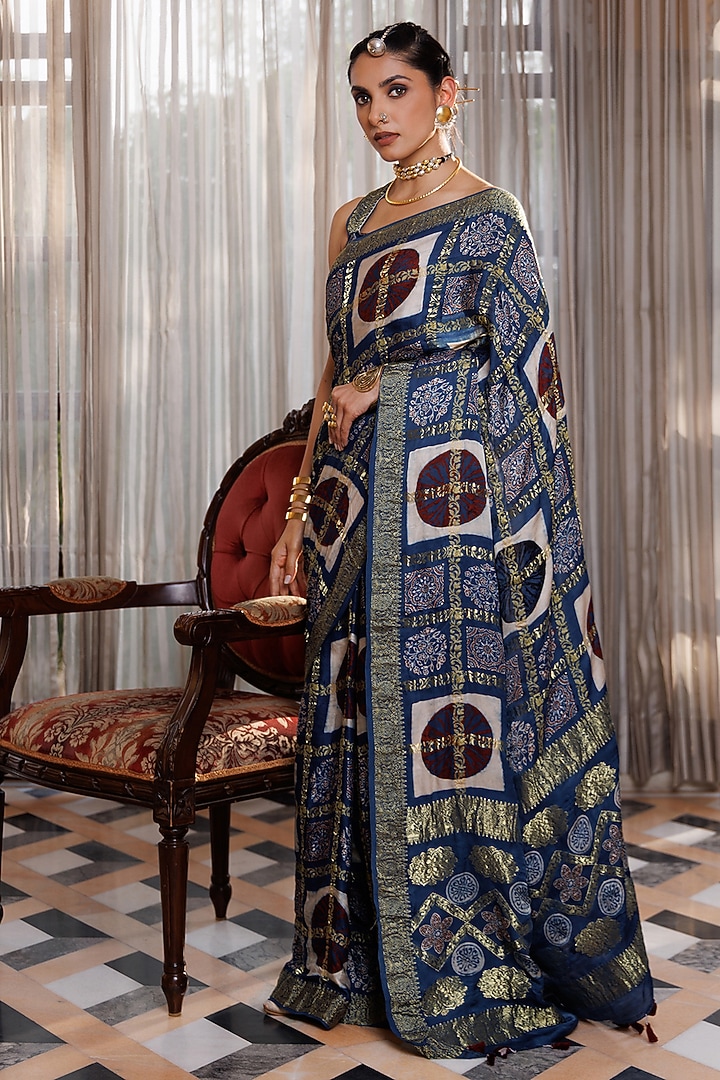Indigo Blue Modal Silk Ajrakh Printed Wedding Saree Set by Geroo Jaipur at Pernia's Pop Up Shop