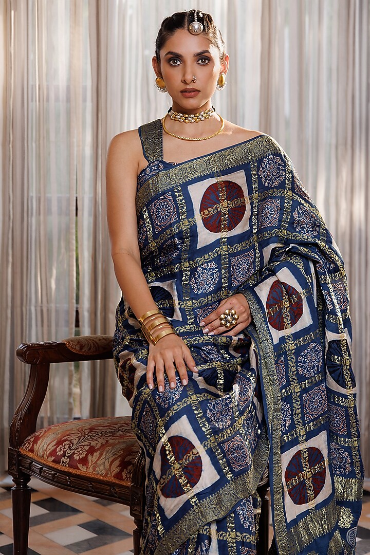 Indigo Blue Modal Silk Ajrakh Printed Wedding Saree Set by Geroo Jaipur at Pernia's Pop Up Shop