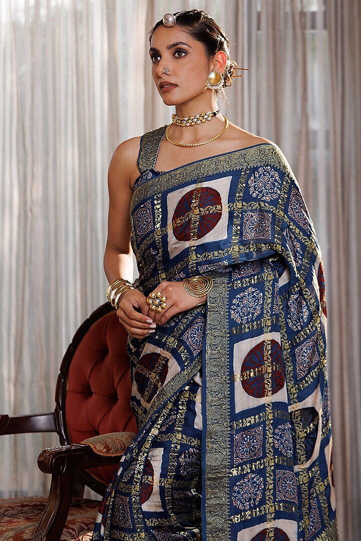 Indigo Blue Modal Silk Ajrakh Printed Wedding Saree Set by Geroo Jaipur at Pernia's Pop Up Shop