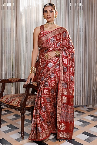 Maroon Modal Silk Ajrakh Printed Saree Set by Geroo Jaipur