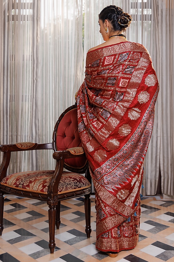 Maroon Modal Silk Ajrakh Printed Wedding Saree Set by Geroo Jaipur at Pernia's Pop Up Shop
