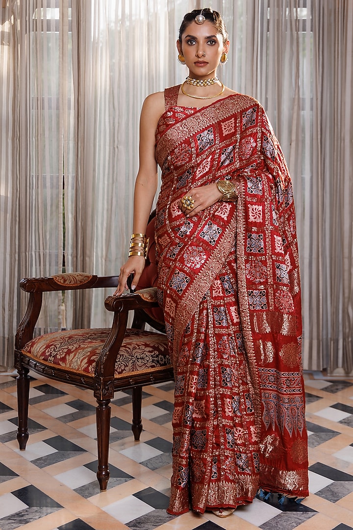 Maroon Modal Silk Ajrakh Printed Wedding Saree Set by Geroo Jaipur at Pernia's Pop Up Shop
