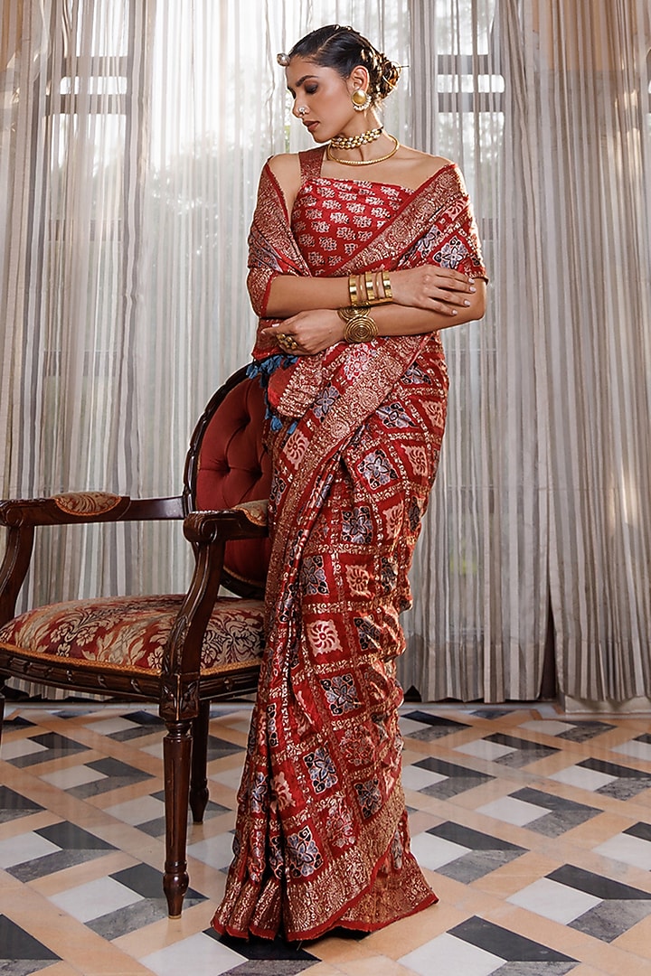 Maroon Modal Silk Ajrakh Printed Wedding Saree Set by Geroo Jaipur at Pernia's Pop Up Shop