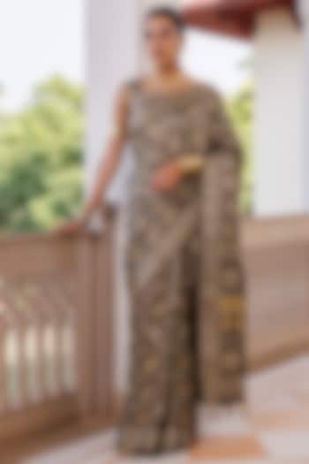 Grey Modal Silk Hand Printed Wedding Saree Set by Geroo Jaipur at Pernia's Pop Up Shop