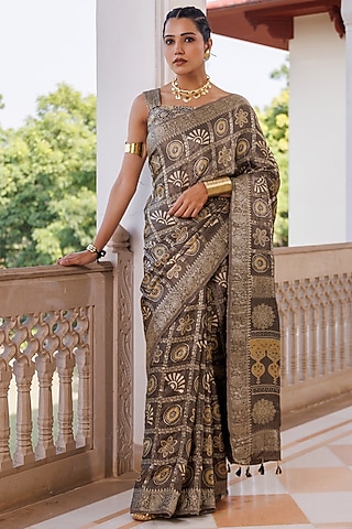 Grey Modal Silk Hand Printed Saree Set by Geroo Jaipur