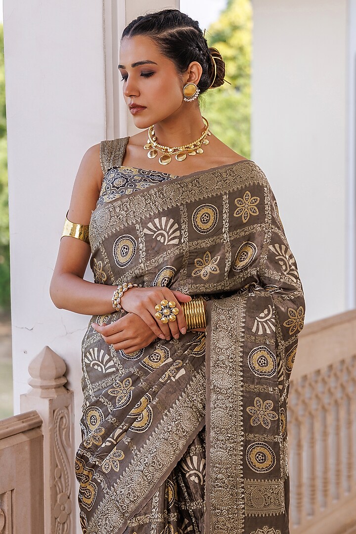 Grey Modal Silk Hand Printed Wedding Saree Set by Geroo Jaipur at Pernia's Pop Up Shop