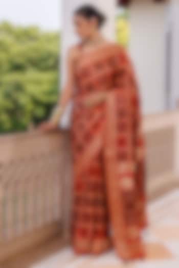 Red Modal Silk Ajrakh Printed Wedding Saree Set by Geroo Jaipur at Pernia's Pop Up Shop