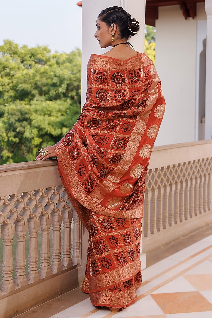 Red Modal Silk Ajrakh Printed Wedding Saree Set by Geroo Jaipur at Pernia's Pop Up Shop