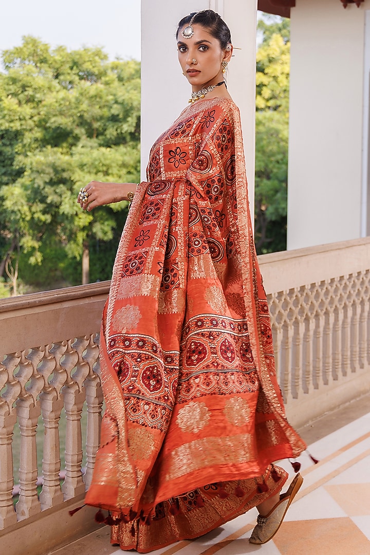 Red Modal Silk Ajrakh Printed Wedding Saree Set by Geroo Jaipur at Pernia's Pop Up Shop