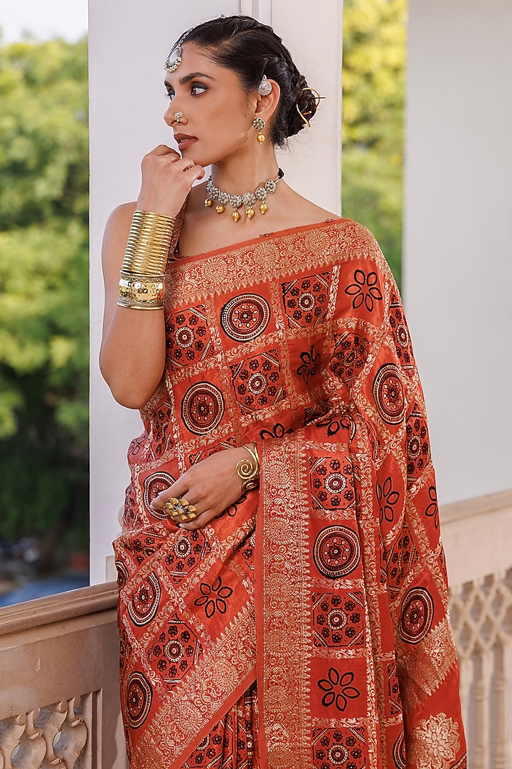 Red Modal Silk Ajrakh Printed Wedding Saree Set by Geroo Jaipur at Pernia's Pop Up Shop