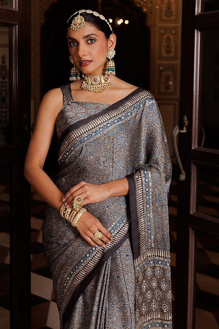 Grey Modal Silk Ajrakh Printed Wedding Saree Set by Geroo Jaipur at Pernia's Pop Up Shop