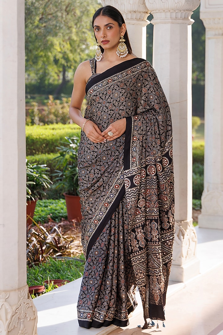 Black Modal Silk Ajrakh Printed Wedding Saree Set by Geroo Jaipur at Pernia's Pop Up Shop