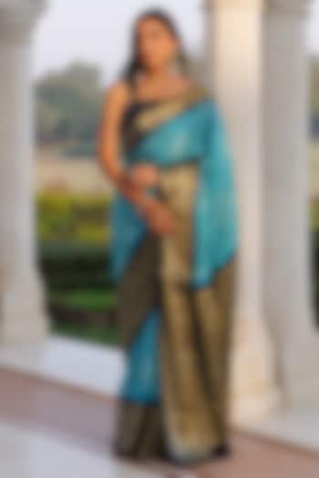 Turquoise Blue Gajji Silk Zari Wedding Saree Set by Geroo Jaipur at Pernia's Pop Up Shop