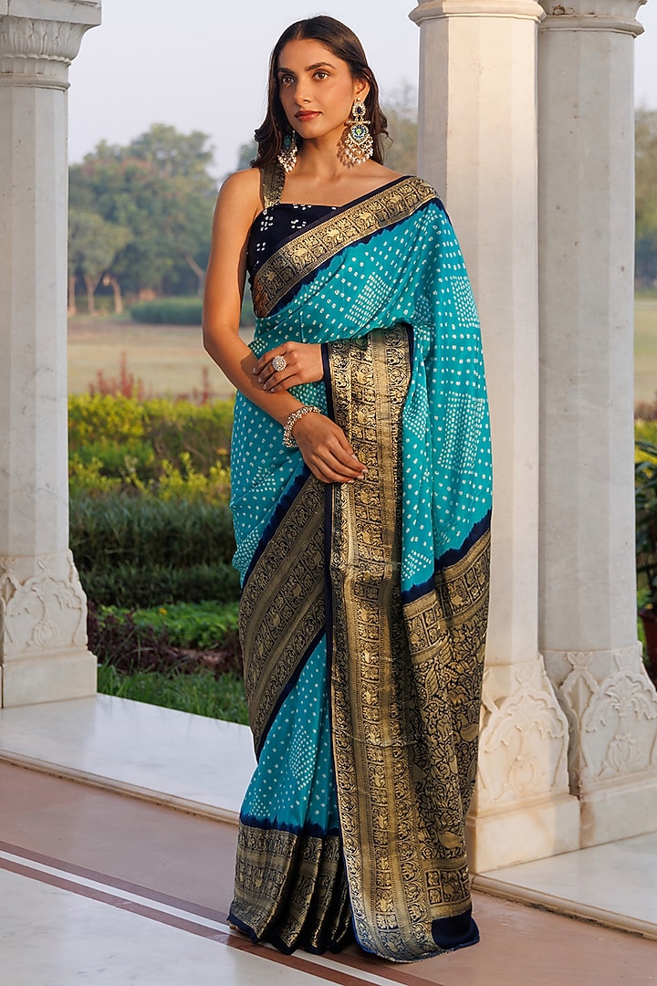 Turquoise Blue Gajji Silk Zari Wedding Saree Set by Geroo Jaipur at Pernia's Pop Up Shop