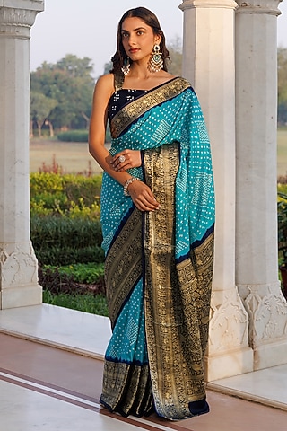 Turquoise Blue Gajji Silk Zari Saree Set by Geroo Jaipur