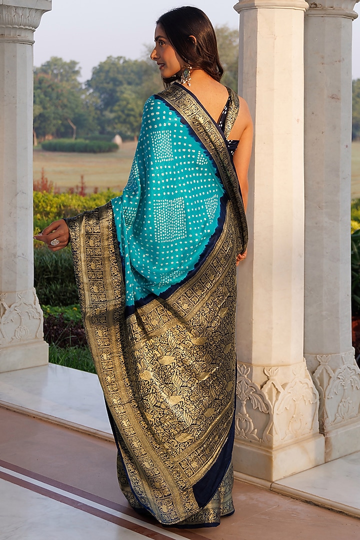 Turquoise Blue Gajji Silk Zari Wedding Saree Set by Geroo Jaipur at Pernia's Pop Up Shop