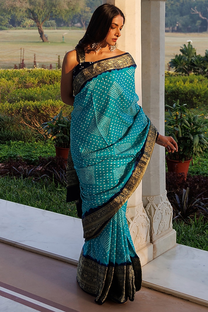 Turquoise Blue Gajji Silk Zari Wedding Saree Set by Geroo Jaipur at Pernia's Pop Up Shop