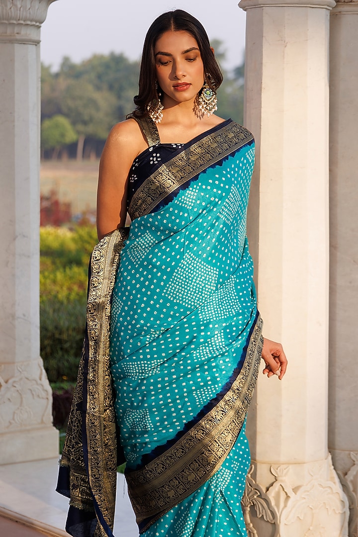 Turquoise Blue Gajji Silk Zari Wedding Saree Set by Geroo Jaipur at Pernia's Pop Up Shop