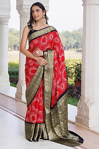 Red & Black Gajji Silk Zari Saree Set by Geroo Jaipur