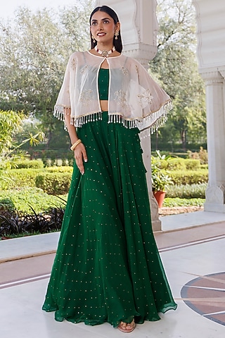 Green Chiffon Jacket Lehenga Set by Geroo Jaipur