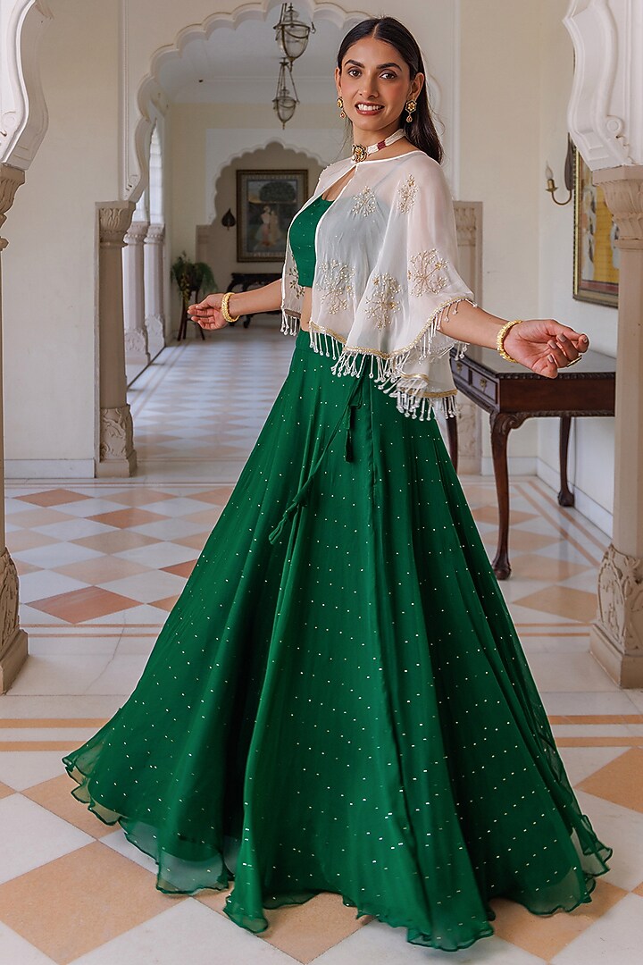 Green Chiffon Jacket Wedding Lehenga Set by Geroo Jaipur at Pernia's Pop Up Shop