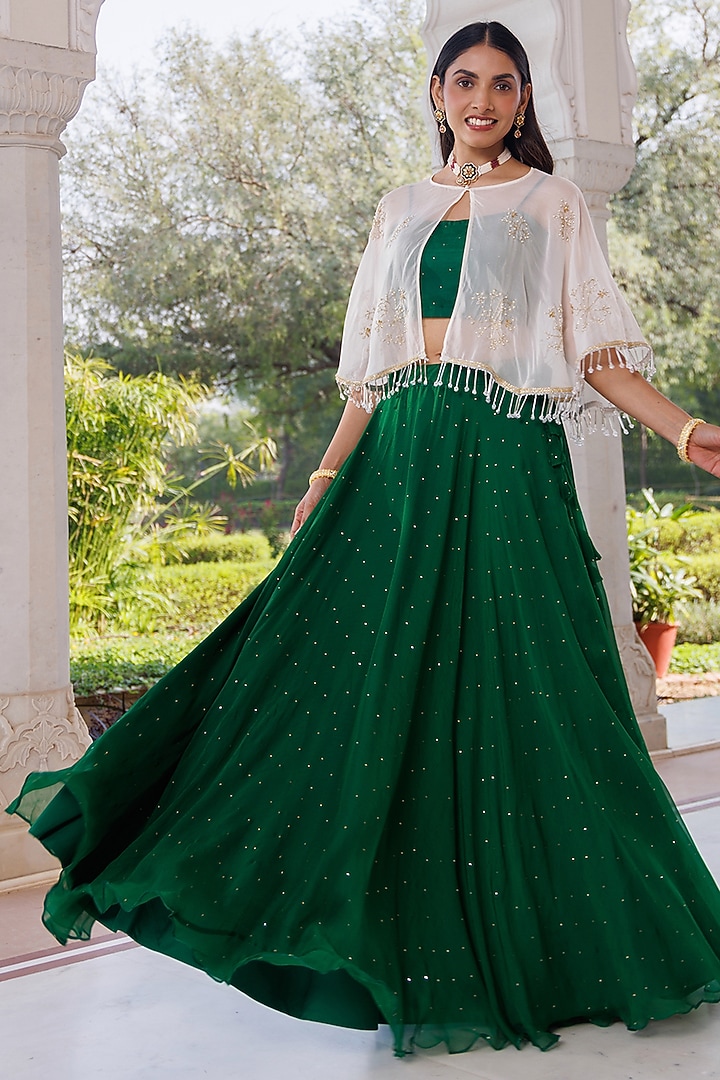 Green Chiffon Jacket Wedding Lehenga Set by Geroo Jaipur at Pernia's Pop Up Shop