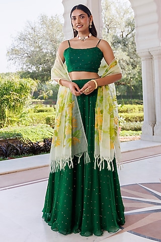 Green Chiffon Lehenga Set by Geroo Jaipur