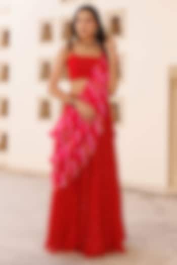 Red Chiffon Wedding Lehenga Set by Geroo Jaipur at Pernia's Pop Up Shop