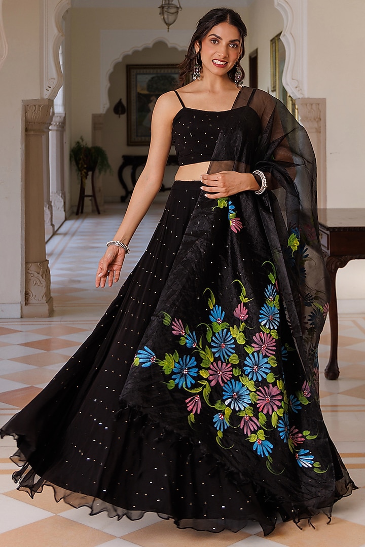 Black Chiffon Wedding Lehenga Set by Geroo Jaipur at Pernia's Pop Up Shop