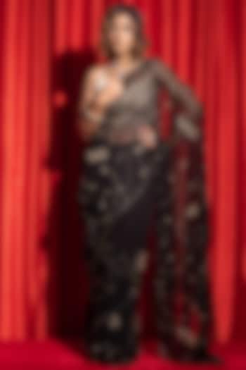 Black Chiffon Hand Embroidered Party Wear Saree Set by Geroo Jaipur at Pernia's Pop Up Shop