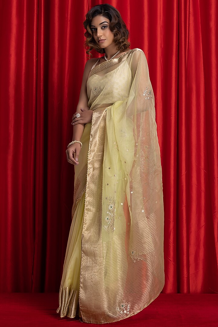 Lime Green Organza Banarasi Pitta Embellished Festive Saree Set by Geroo Jaipur at Pernia's Pop Up Shop