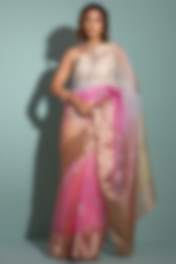 Pink & Yellow Shaded Organza Banarasi Thread Embellished Festive Saree Set by Geroo Jaipur at Pernia's Pop Up Shop