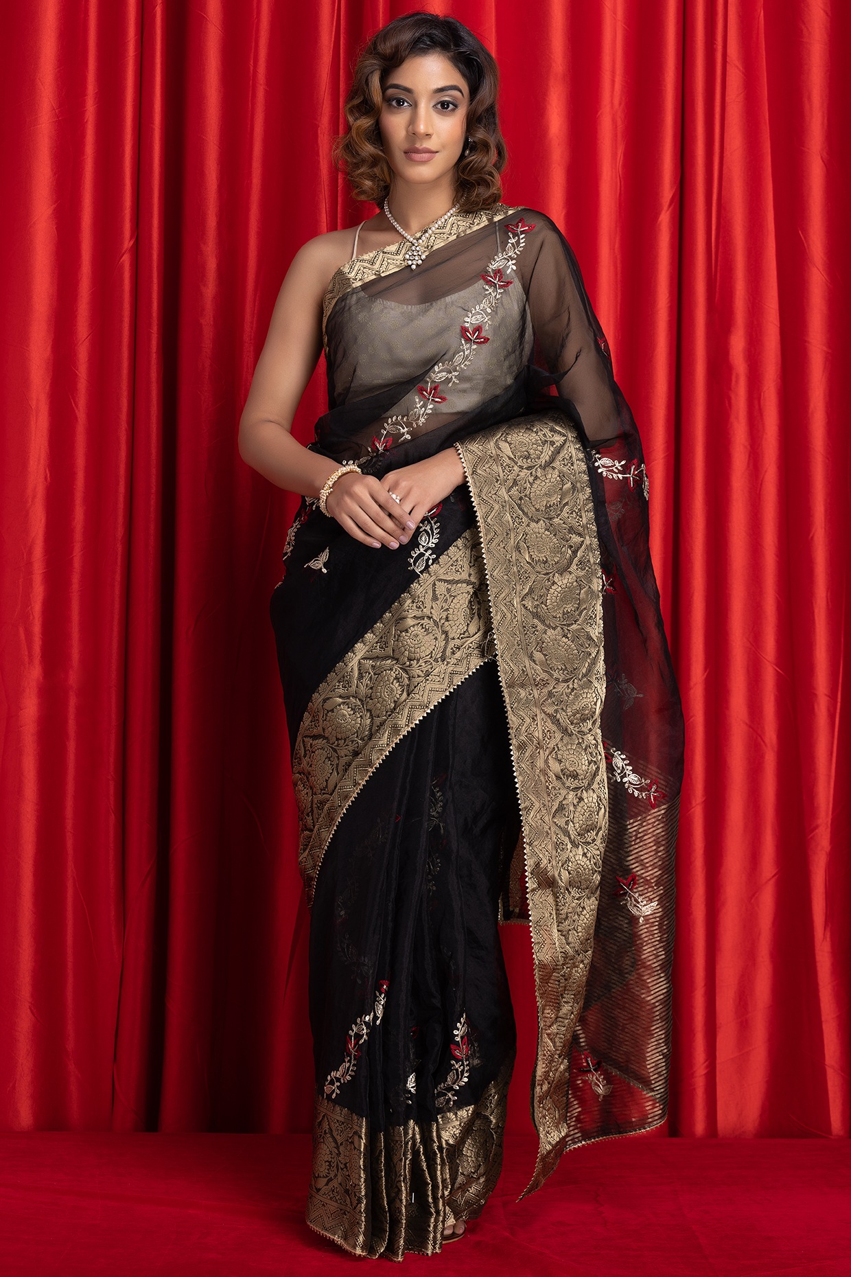 Black Pure Banarasi Organza Saree with Gold Zari Border
