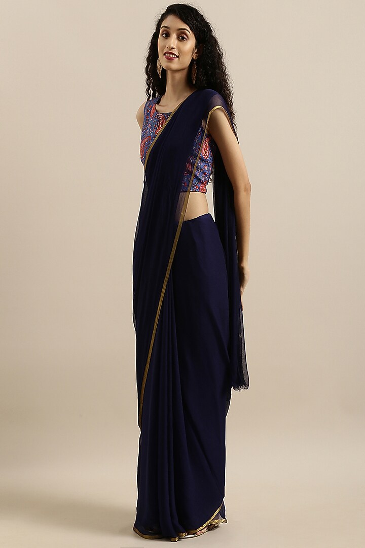Navy Blue Chiffon Hand Dyed & Zari Embellished Festive Saree Set by Geroo Jaipur at Pernia's Pop Up Shop