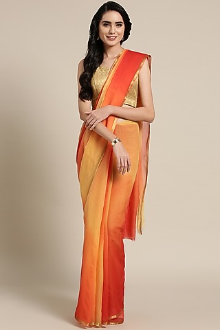 Peach & Yellow Chiffon Hand Dyed & Embellished Saree Set by Geroo Jaipur
