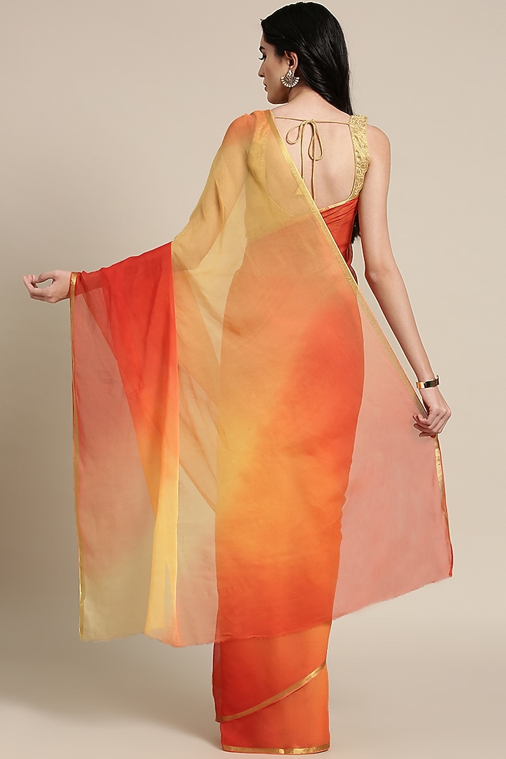 Peach & Yellow Chiffon Hand Dyed & Embellished Festive Saree Set by Geroo Jaipur at Pernia's Pop Up Shop