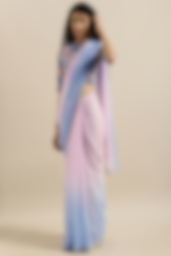 Pink & Blue Shaded Chiffon Hand Dyed & Embellished Saree Set by Geroo Jaipur