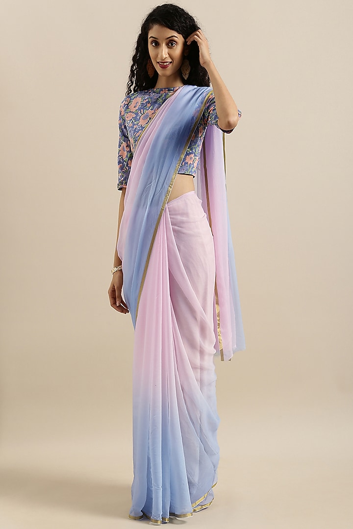 Pink & Blue Shaded Chiffon Hand Dyed & Embellished Saree Set by Geroo Jaipur