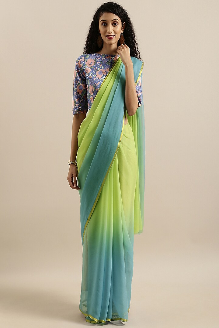Green & Blue Shaded Chiffon Hand Dyed & Embellished Saree Set by Geroo Jaipur