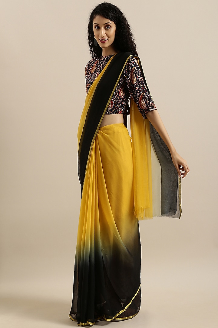 Black & Yellow Shaded Chiffon Hand Dyed & Zari Embellished Saree Set by Geroo Jaipur