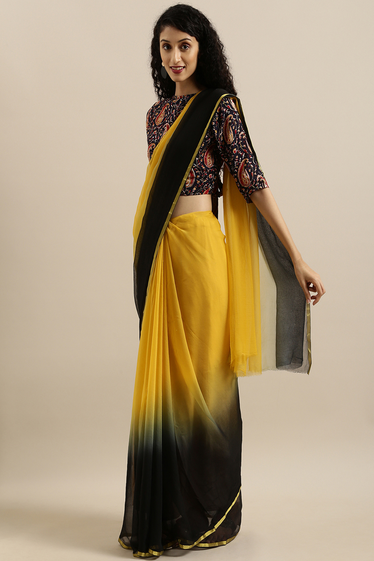 Black & Yellow Shaded Chiffon Hand Dyed & Embellished Saree Set by Geroo Jaipur