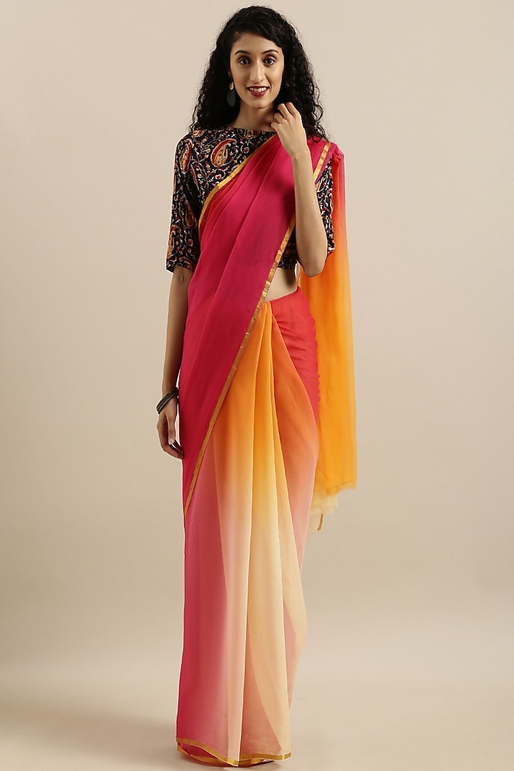 Multi-Colored Shaded Chiffon Hand-Dyed & Embellished Saree Set by Geroo Jaipur