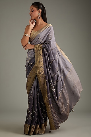 Grey Dola Silk Hand Embroidered Banarasi Saree Set by Geroo Jaipur