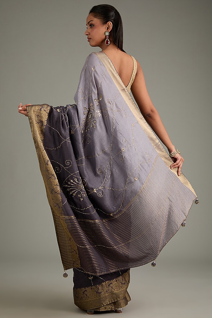 Grey Dola Silk Hand Embroidered Banarasi Party Wear Saree Set by Geroo Jaipur at Pernia's Pop Up Shop