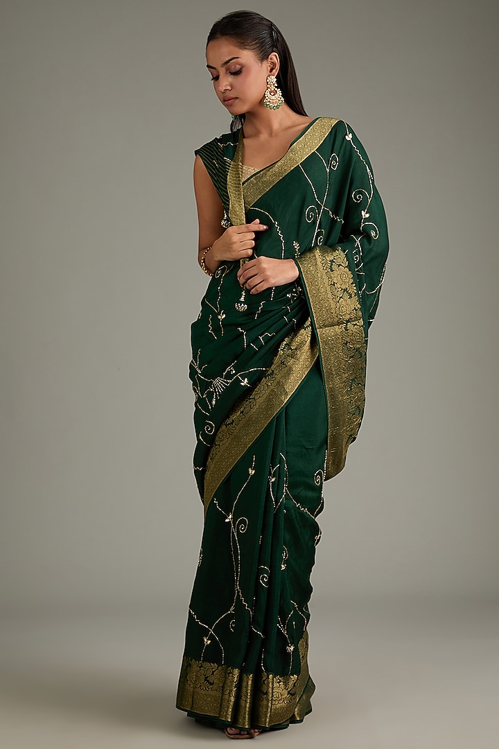 Green Dola Silk Hand Embroidered Banarasi Saree Set by Geroo Jaipur
