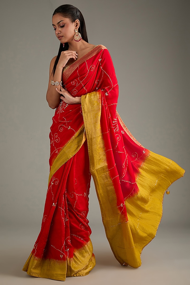 Yellow & Red Dola Silk Hand Embroidered Banarasi Saree Set by Geroo Jaipur