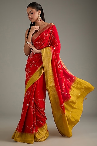 Yellow & Red Dola Silk Hand Embroidered Banarasi Saree Set by Geroo Jaipur