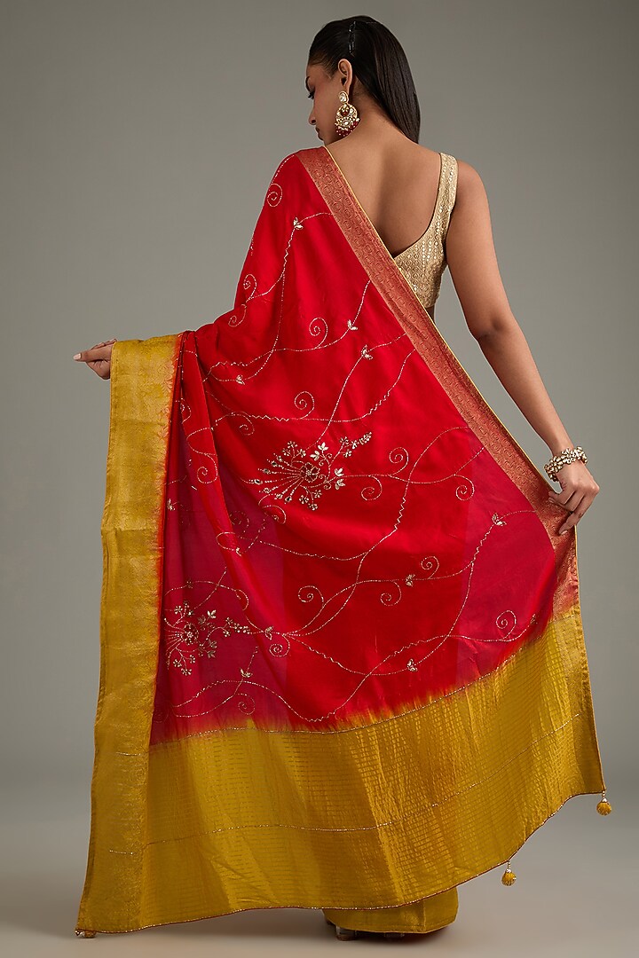 Yellow & Red Dola Silk Hand Embroidered Banarasi Party Wear Saree Set by Geroo Jaipur at Pernia's Pop Up Shop