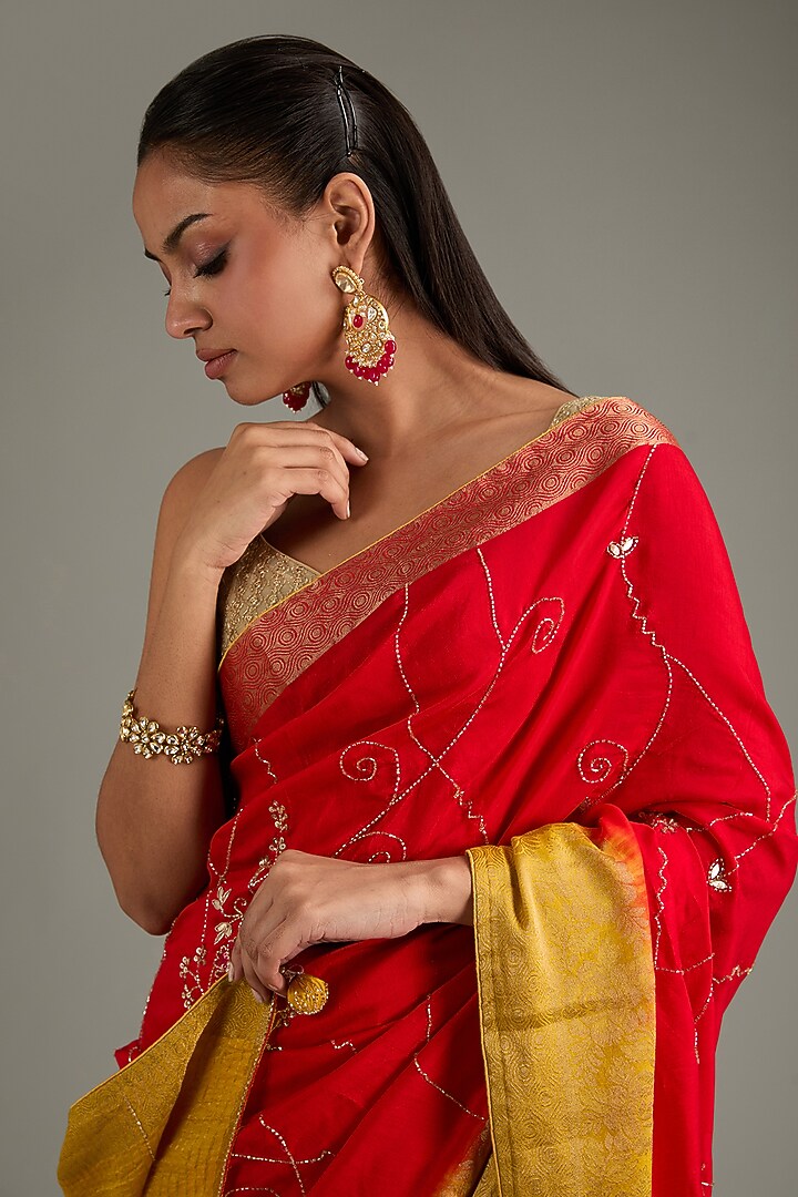 Yellow & Red Dola Silk Hand Embroidered Banarasi Party Wear Saree Set by Geroo Jaipur at Pernia's Pop Up Shop