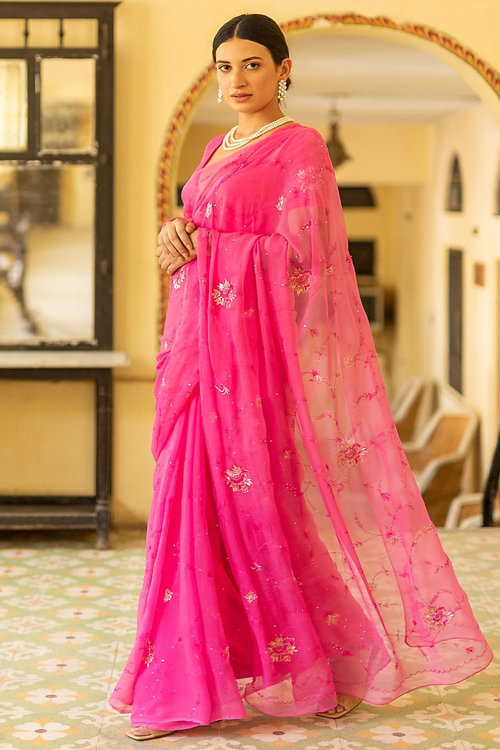 Pink Chiffon Hand Embroidered Pre-Draped Wedding Saree Set by Geroo Jaipur at Pernia's Pop Up Shop